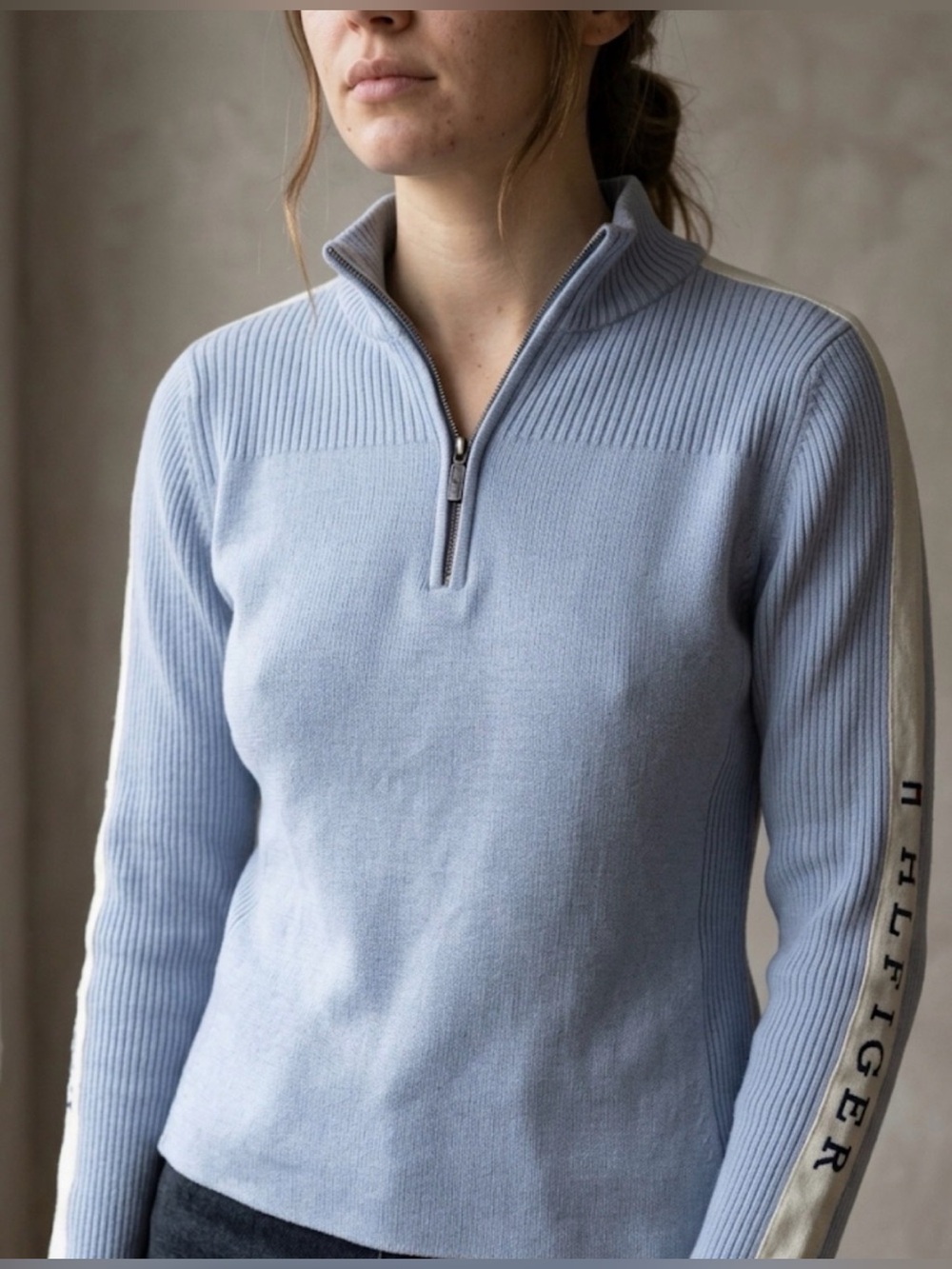 Tommy Hilfiger Light Blue Quarter-Zip Sweater with White Sleeve Stripes
